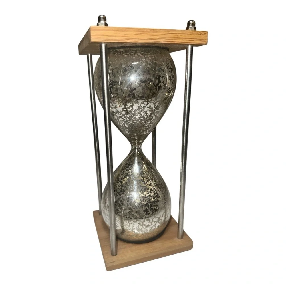 Vintage Decorative Hourglass Timer w/ Silver Mercury Glass Finish & Wooden Base